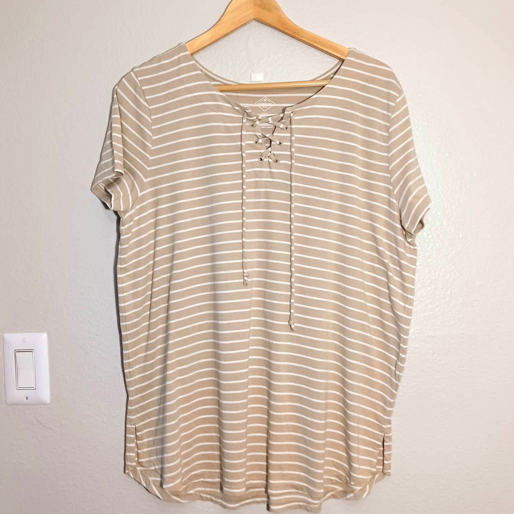 St John's Bay Appeal Casual Cotton Striped Lace Detail Short Sleeve Sz XL Shirt